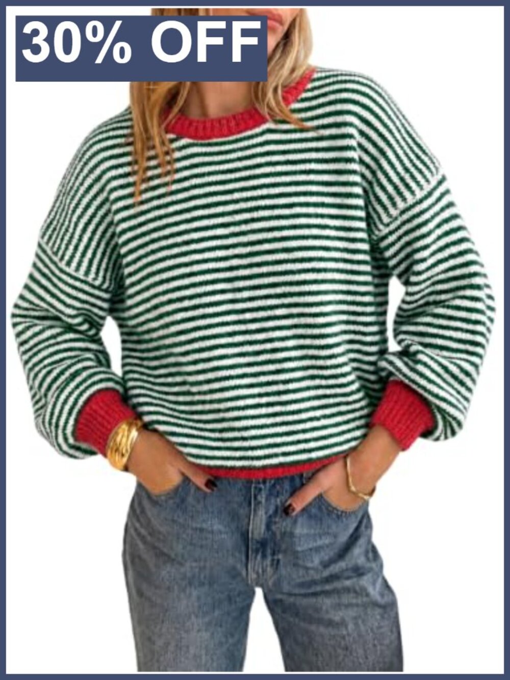 Striped Knit Pullover Sweater Loose Fit Crewneck Color Block